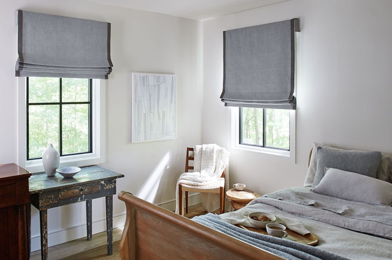 Roman Shades Flat Fold Neutral Fabric Industrial Black Frames