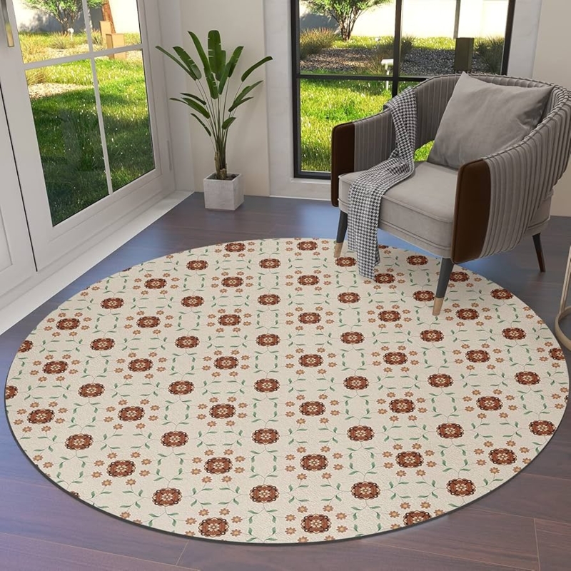 Round Area Rug Abstract Geometric Sage Green Retro Mid Century Vibe
