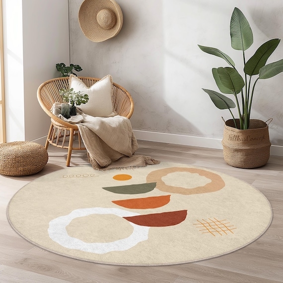 Round Area Rug Abstract Wavy Lines Neutral Beige Modern Organic Boho
