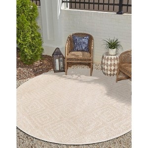 Round Area Rug Beige Geometric Trellis Design Woven