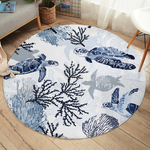 Round Area Rug: Blue Watercolor Sea Turtle Graphic