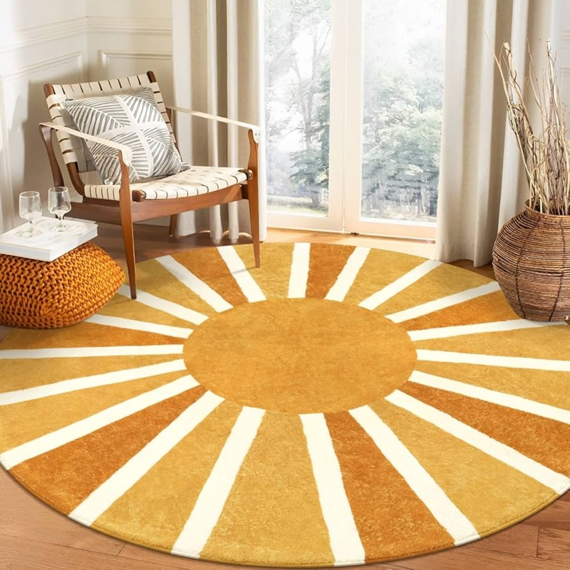 Round Area Rug Boho Sunburst Print Rust Orange Cream Living Room Decor