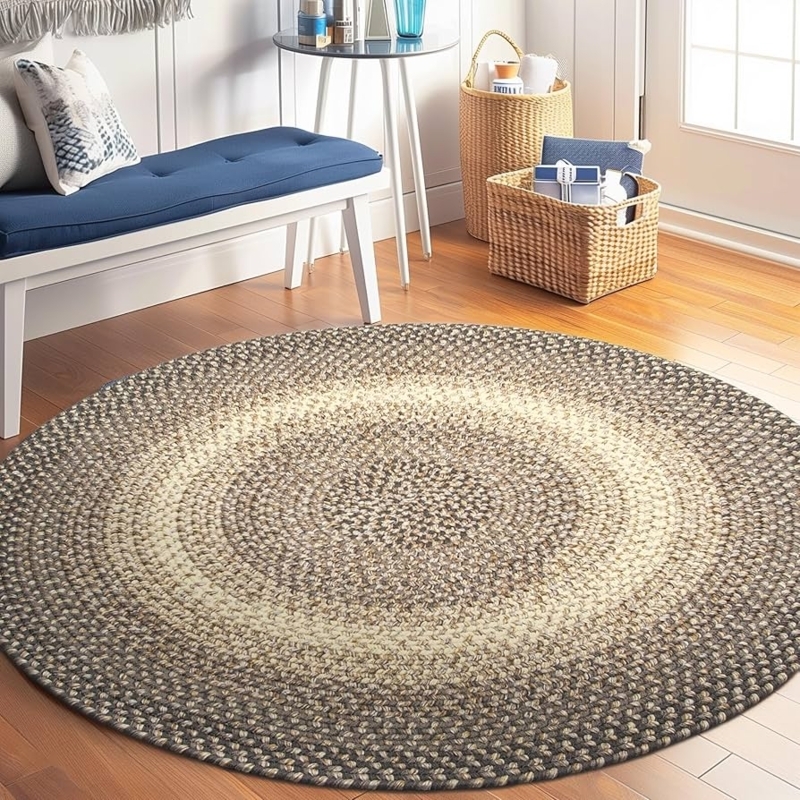 Round Area Rug Braided Brown Beige Farmhouse Kitchen