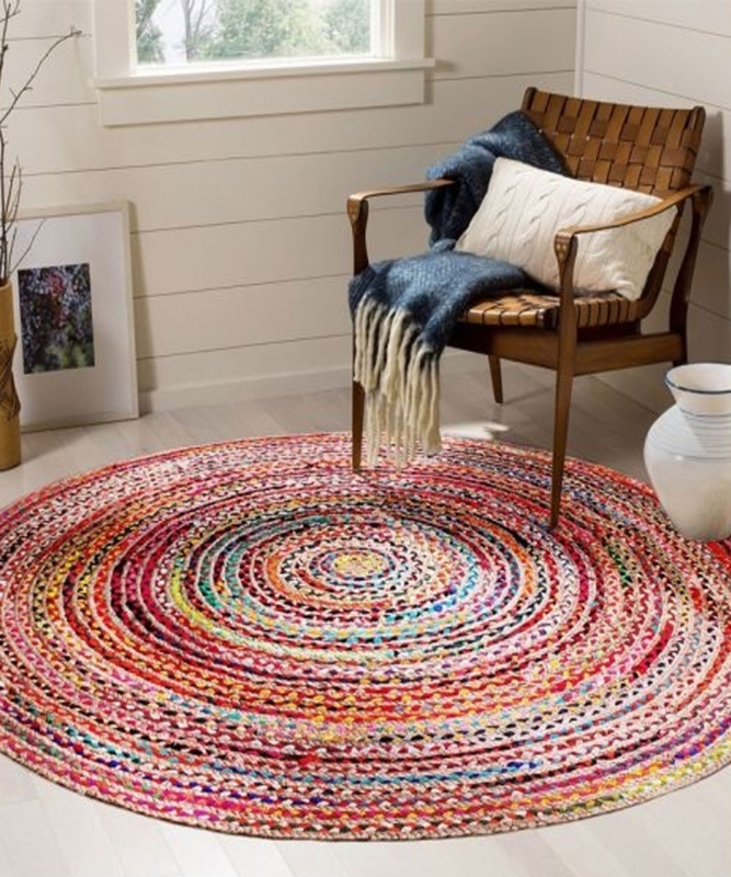 Round Area Rug Braided Multicolored Fringe Border Bohemian