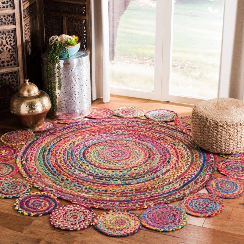 Round Area Rug Braided Recycled Textiles Circular Spiral Braid Vibrant