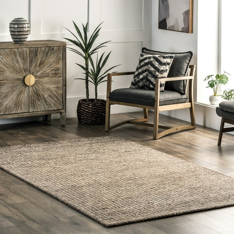 Round Area Rug Brown Checkerboard Woven Texture Minimalist