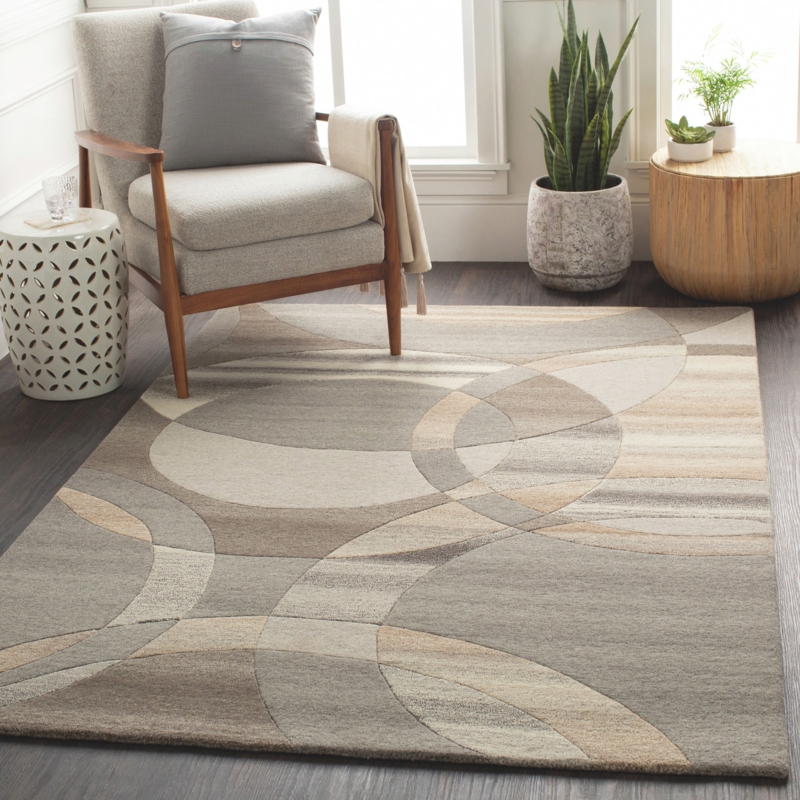 Round Area Rug Brown Gray Concentric Sunburst Mid Century Vibe