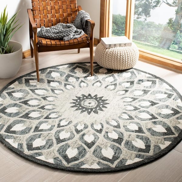 Round Area Rug Charcoal Medallion High Contrast Ivory Floral Border