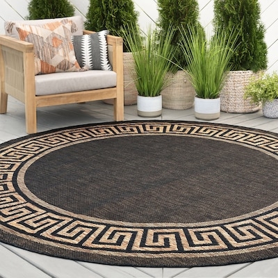 Round Area Rug Coastal Woven Concentric Stripes Beige Natural Fiber Look