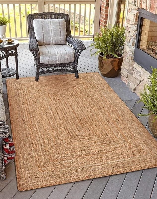 Round Area Rug: Concentric Braided Rings, Natural Jute Fiber, Boho Style