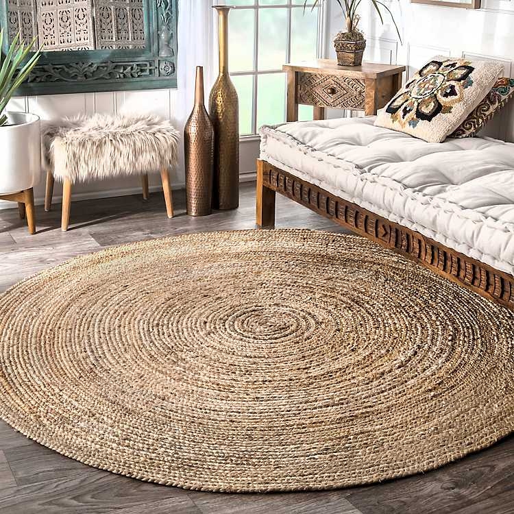 Round Area Rug Concentric Braided Texture Chunky Weave Natural Fiber