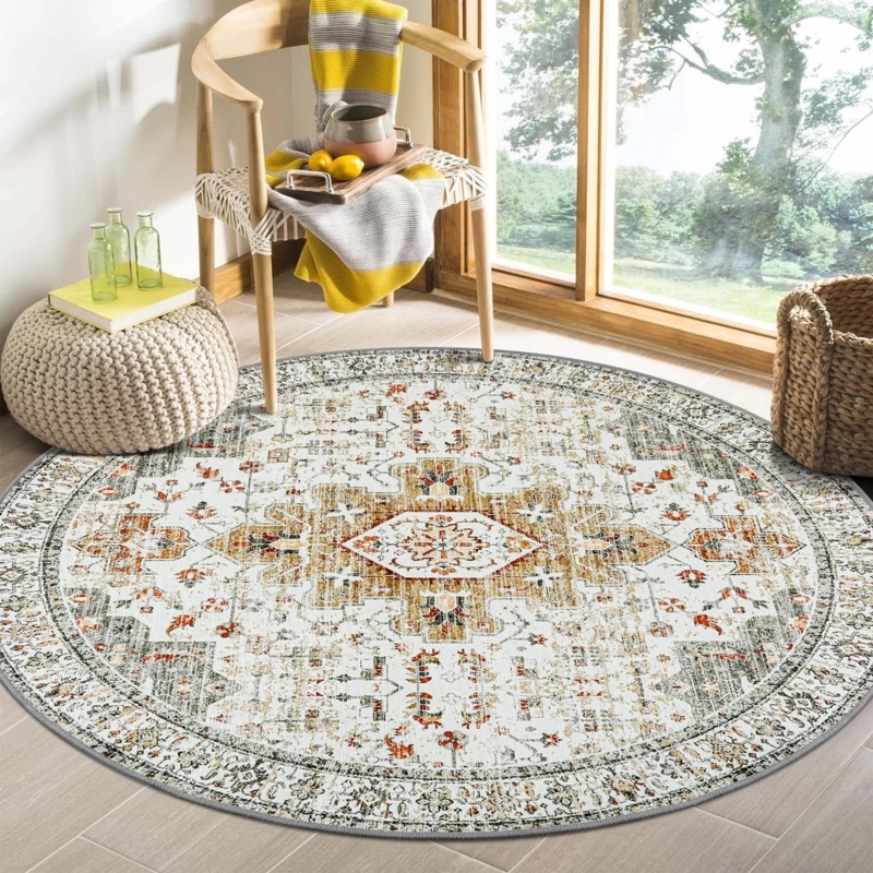 Round Area Rug Distressed Oriental Pattern Beige Gold Vintage Circular Carpet