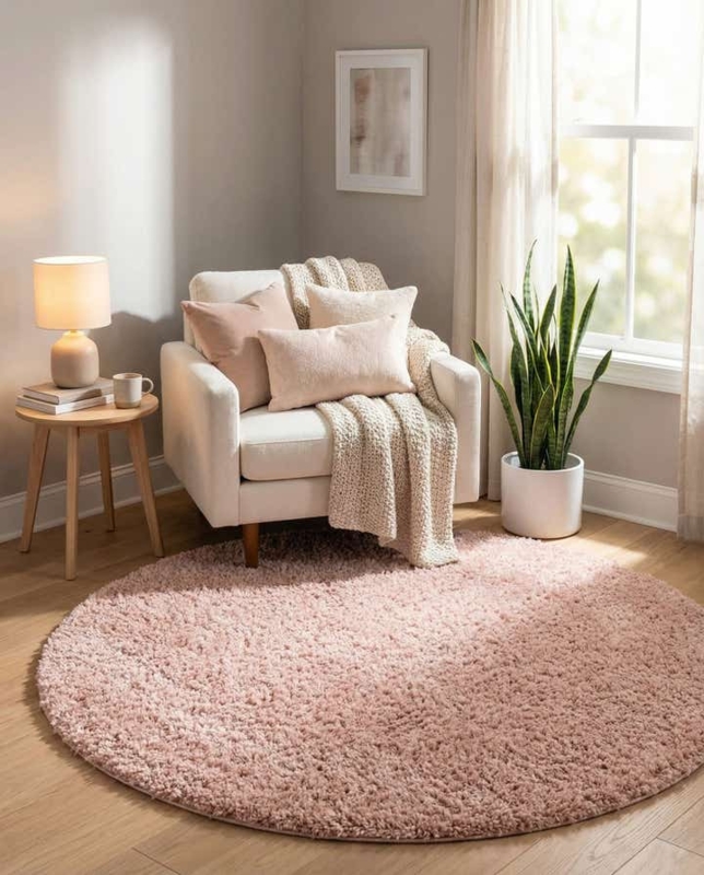 Round Area Rug Dusty Rose Shag Pile High Pile Plush Fabric Bohemian