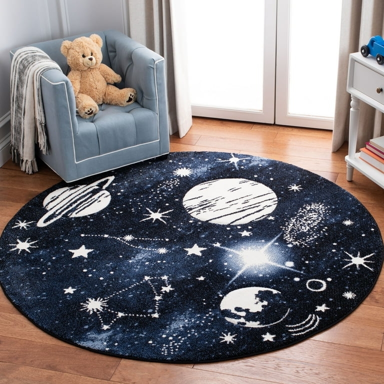 Round Area Rug Educational Navy Solar System Planets Kids Theme