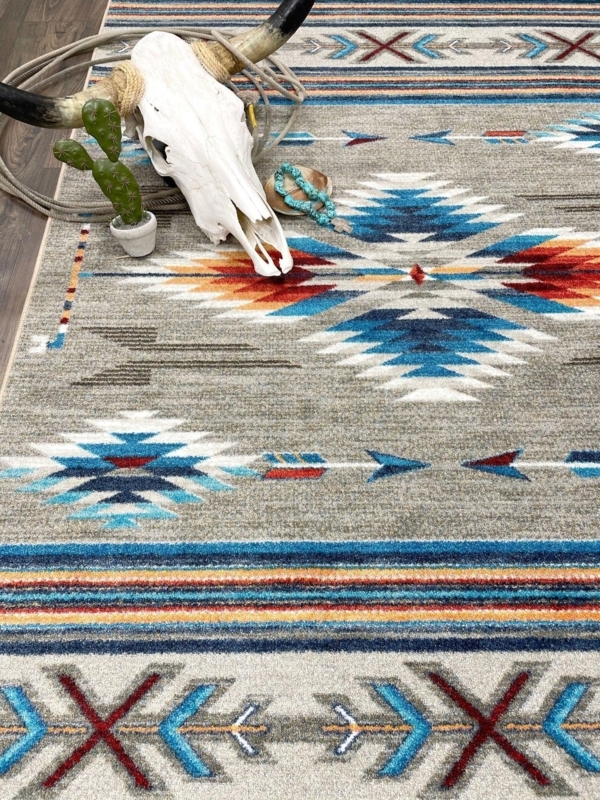 Round Area Rug featuring Southwestern Geometric Pattern on Navy Base