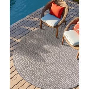 Round Area Rug Gray Geometric Grid Pattern Minimalist