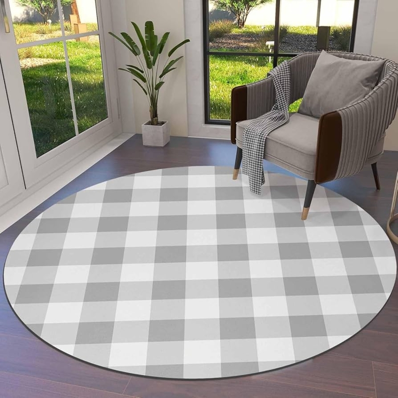 Round Area Rug Grey and White Checkered Plaid Minimalist Floor Mat