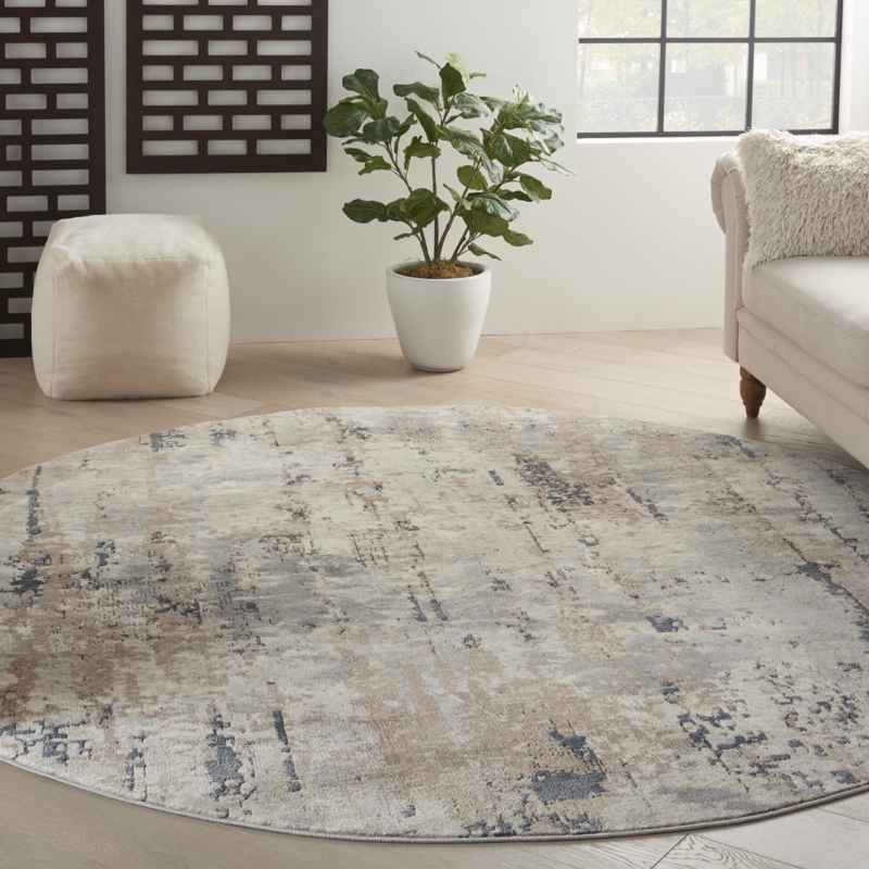 Round Area Rug Grey Geometric Concentric Circular Pattern Contemporary