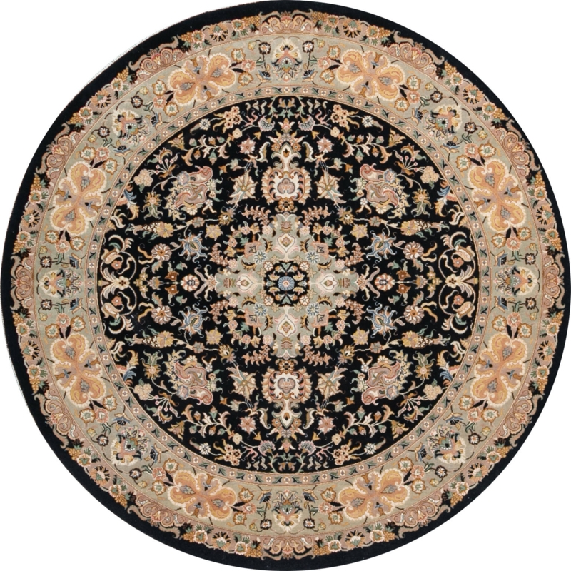 Round Area Rug Hand Knotted Texture Fringed Edges Black Ruby Red Persian