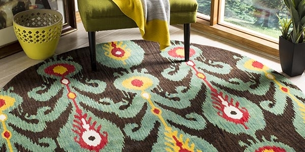 Round Area Rug Ikat Styling Navy Blue White Bohemian