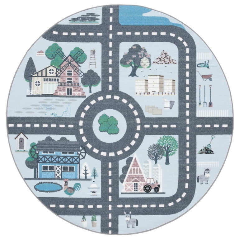 Round Area Rug Interactive Town Map Blue Washable For Kids Playroom