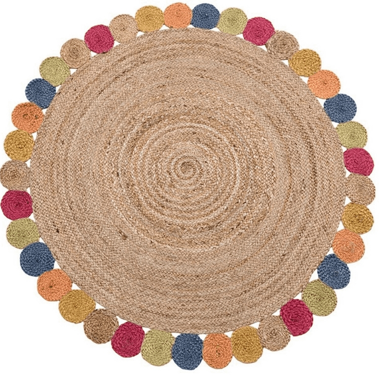 Round Area Rug Jute Braided Multicolor Bohemian Eclectic Natural Fiber