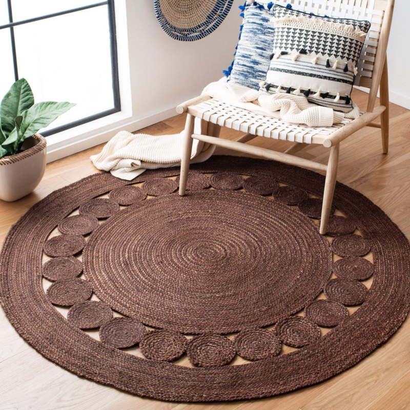 Round Area Rug Jute Braided Spiral Pattern Rustic Brown