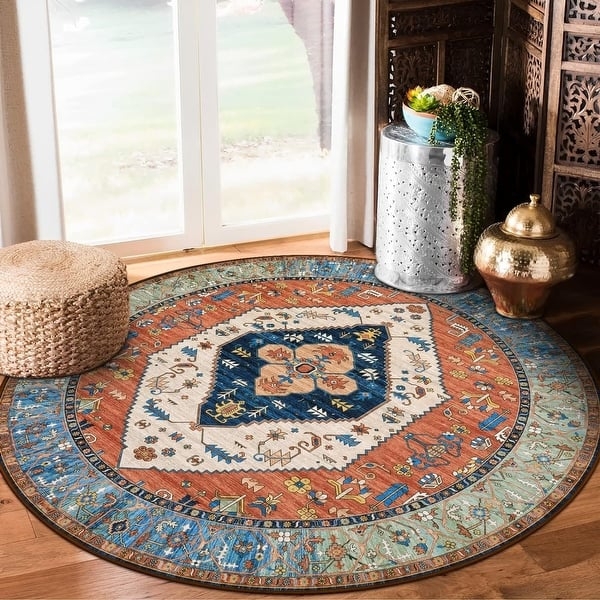 Round Area Rug Knotted Fringe High Contrast Pattern Black Cream Tribal