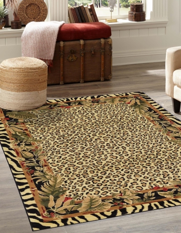 Round Area Rug, Leopard Print, Cream & Tan, Modern Eclectic Style