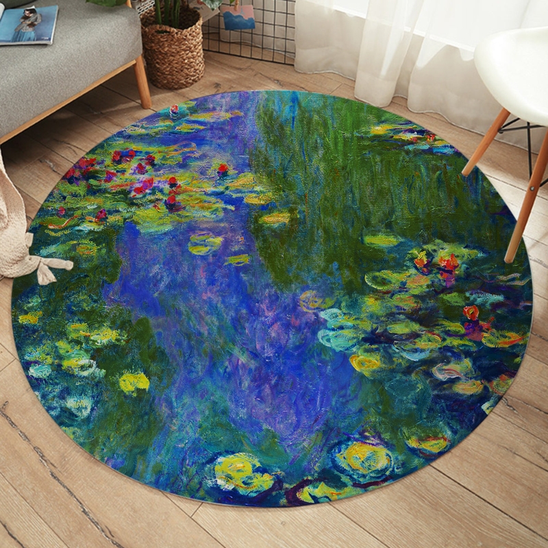 Round Area Rug Monet Water Lilies Design Impressionist Pattern Floral