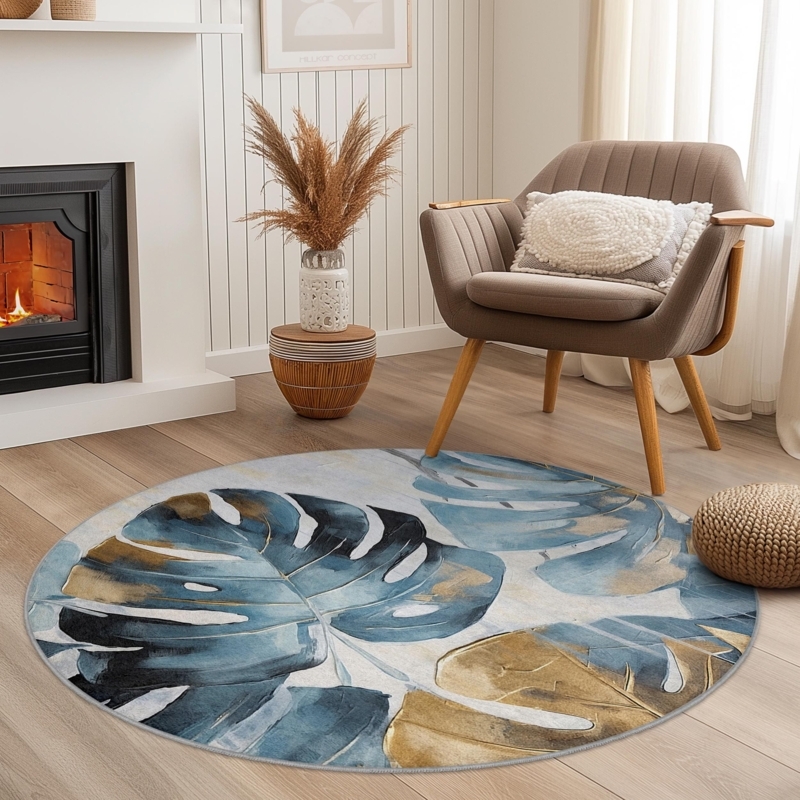 Round Area Rug Monstera Pattern Blue Gold Palette Botanical Print Boho