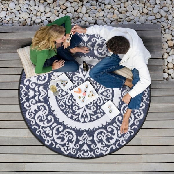Round Area Rug Moroccan Trellis Navy Bound Edges