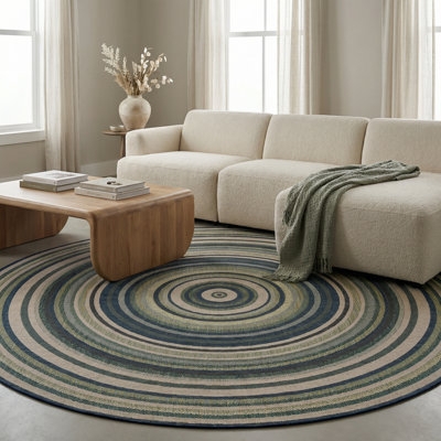 Round Area Rug Navy Blue White Geometric Trellis Pattern Coastal Flatweave