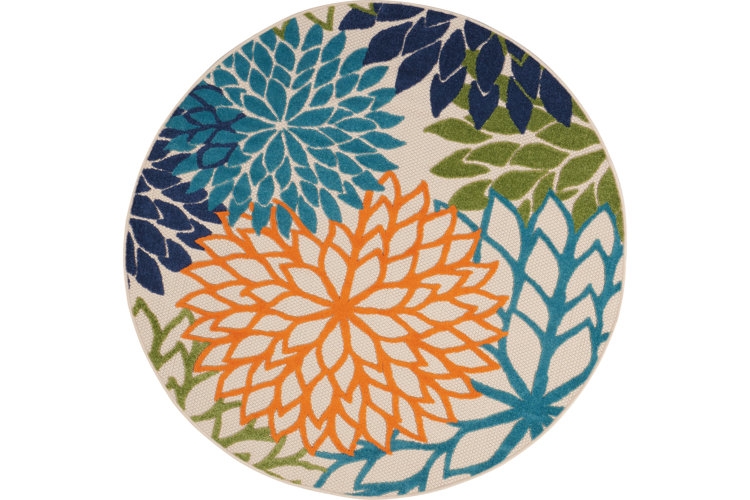 Round Area Rug Navy Lattice Geometric Deck Seating