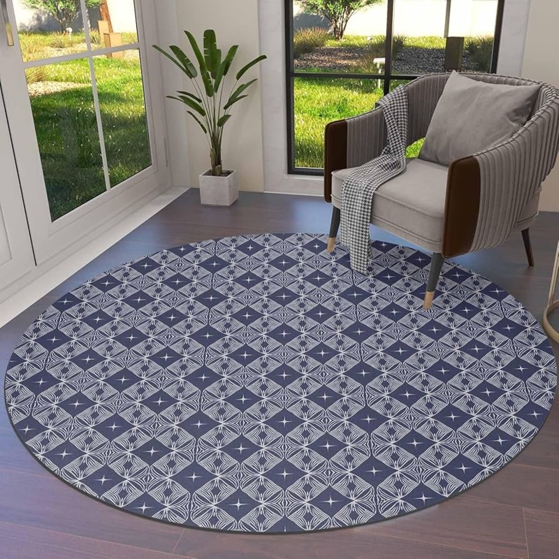 Round Area Rug Navy Terracotta Abstract Geometric Mid Century Vibe