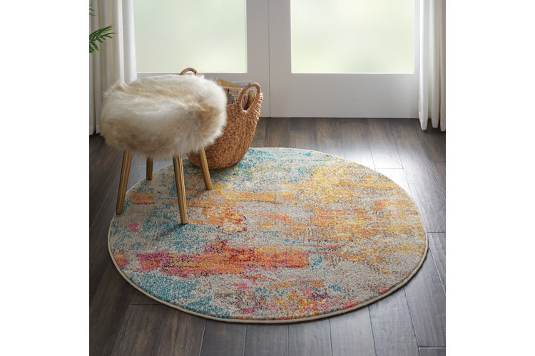 Round Area Rug Neutral Geometric Pattern Modern Farmhouse Nook