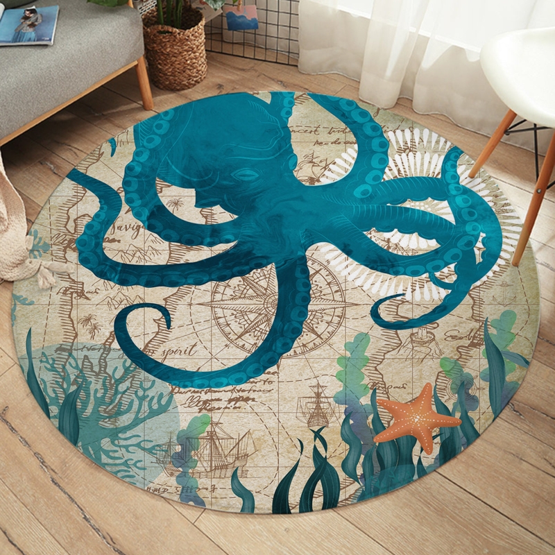Round Area Rug Octopus Graphic Large Scale Marine Motif Teal Blue Coastal