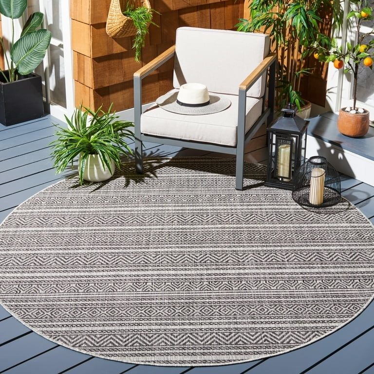 Round Area Rug Outdoor Black Gray Geometric Mandala Flatweave Deck