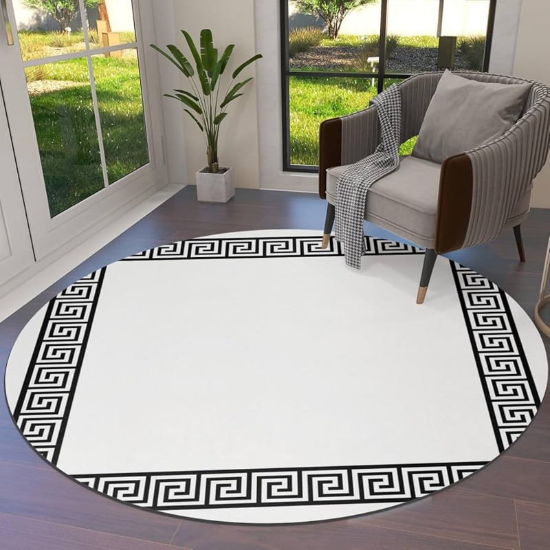 Round Area Rug Plush Grey Greek Key Border Meander Pattern Style