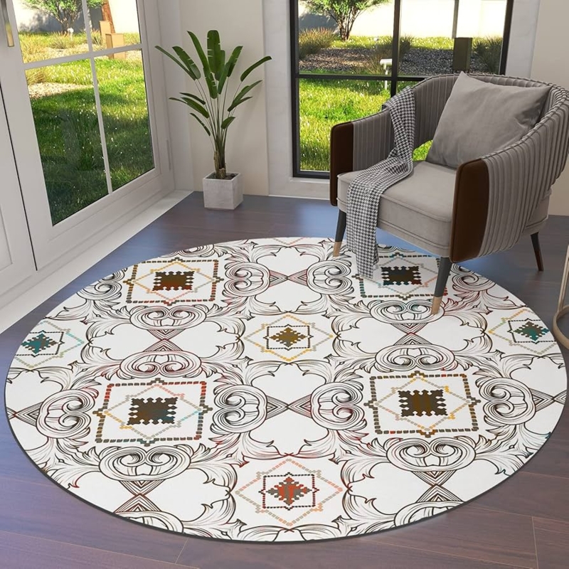 Round Area Rug Retro Checkered Pattern Gradient Grid Neutral Tones