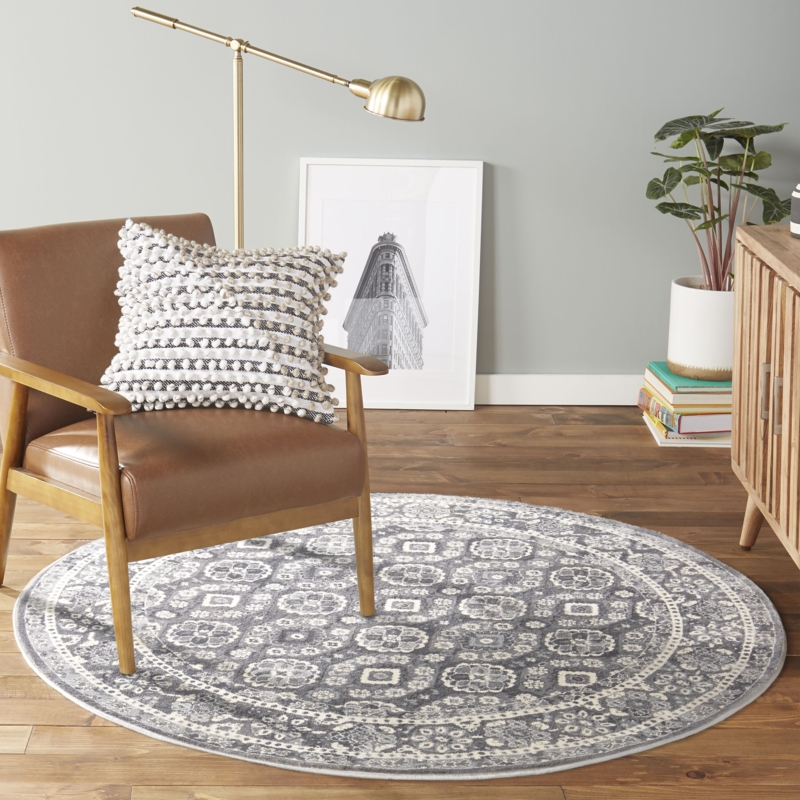 Round Area Rug Silver Gray Geometric Overlapping Coin Pattern Modern
