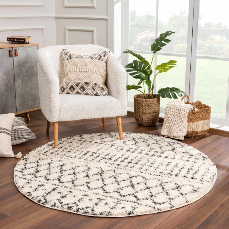Round Area Rug Tassel Fringe Shag Pile Tribal Diamond Pattern Cozy Boho