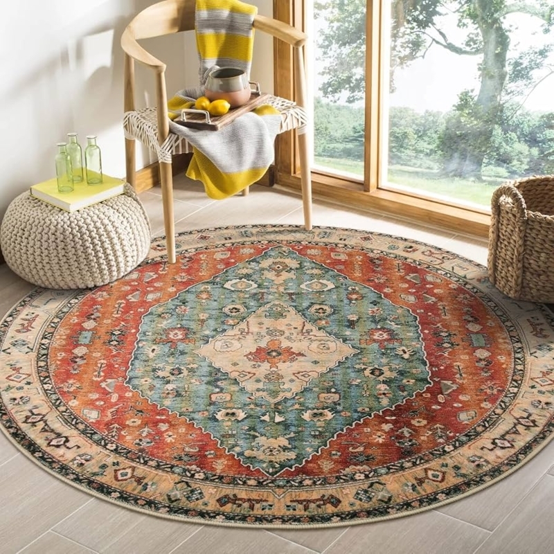 Round Area Rug Tribal Medallion Rust Dull Teal Boho Tribal Round Rug