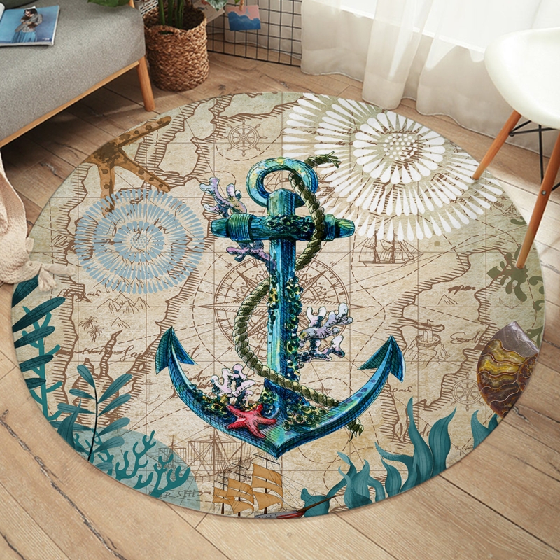 Round Area Rug: Vintage Compass Rose Design, Navy & Beige