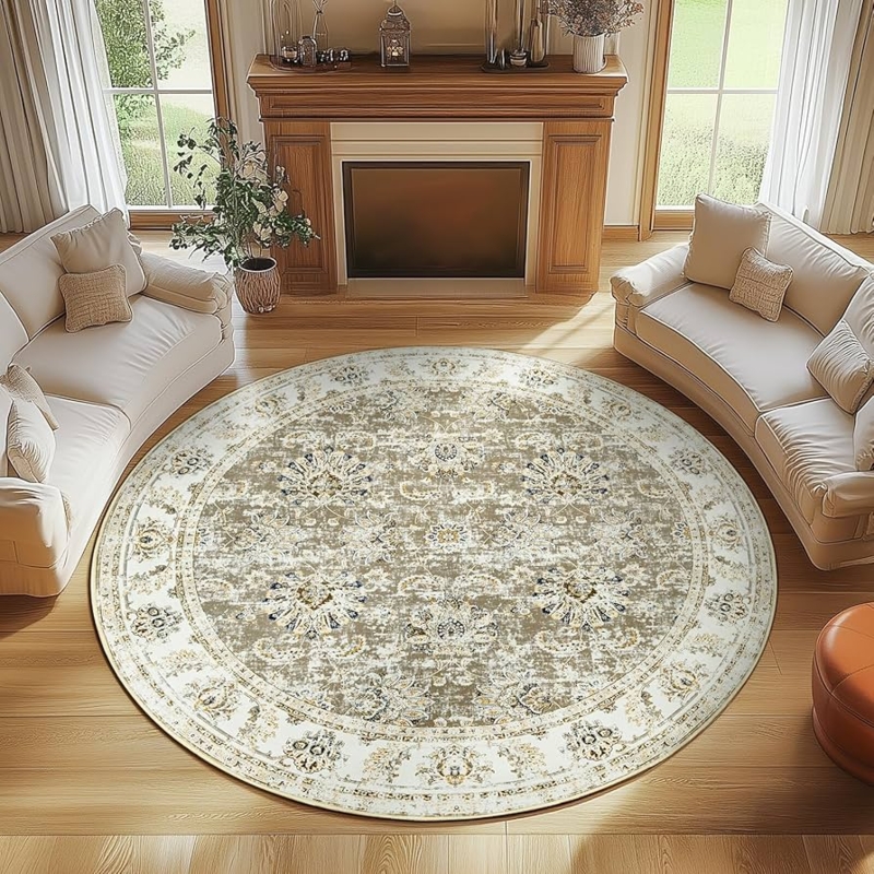 Round Area Rug Vintage Floral Distressed Finish Taupe Cream Farmhouse
