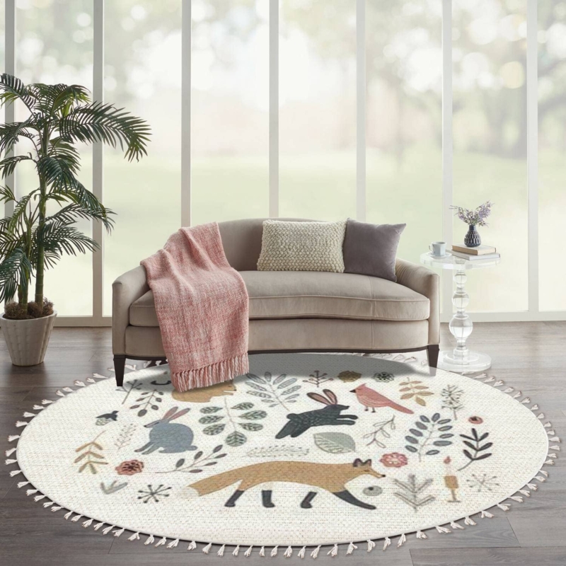 Round Area Rug with Folk Art Illustrations, Nature Inspired Layout