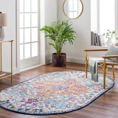 Round Area Rug with Navy and Rust Concentric Circles Geometric Pattern