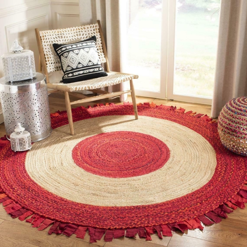 Round Braided Area Rug Concentric Color Rings Tan Black