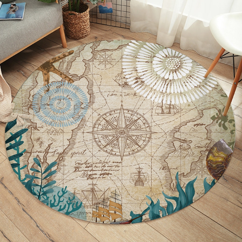 Round Nautical Area Rug, Compass Rose Motif, Navy Blue Coastal Decor