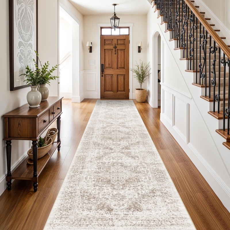 Runner Rug 12-Foot Length Vintage Medallion Washable Cream